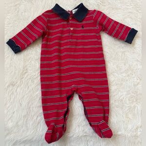 Preppy Ralph Lauren Collared Red and Navy Striped Snap Baby Footie